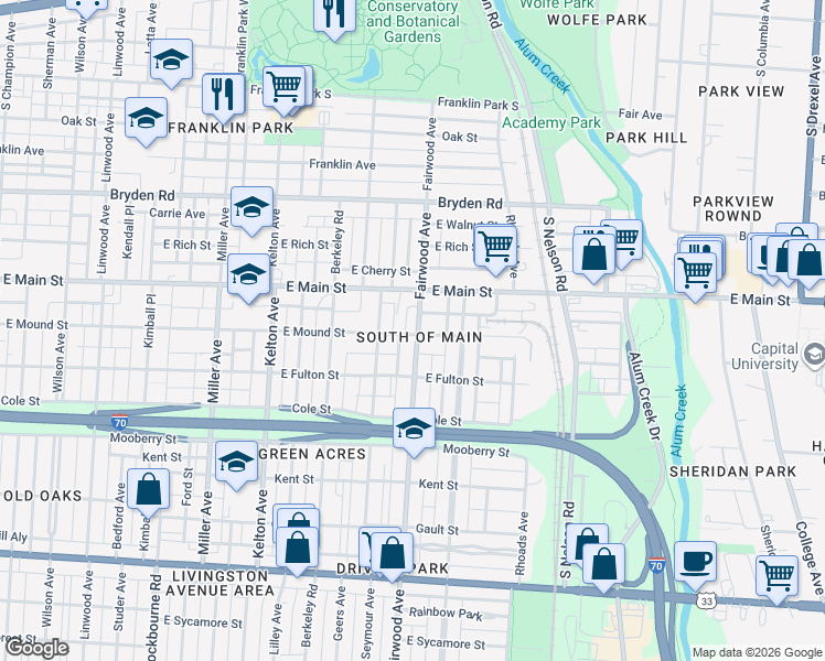 map of restaurants, bars, coffee shops, grocery stores, and more near 507 Fairwood Avenue in Columbus