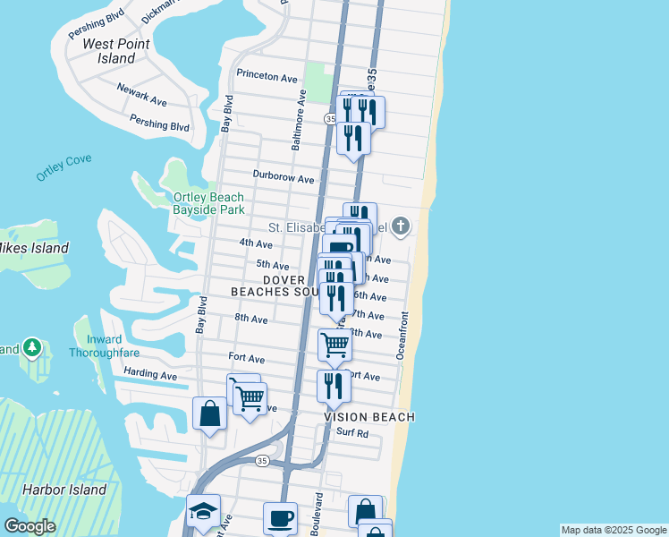 map of restaurants, bars, coffee shops, grocery stores, and more near 1963 New Jersey 35 in Seaside Heights