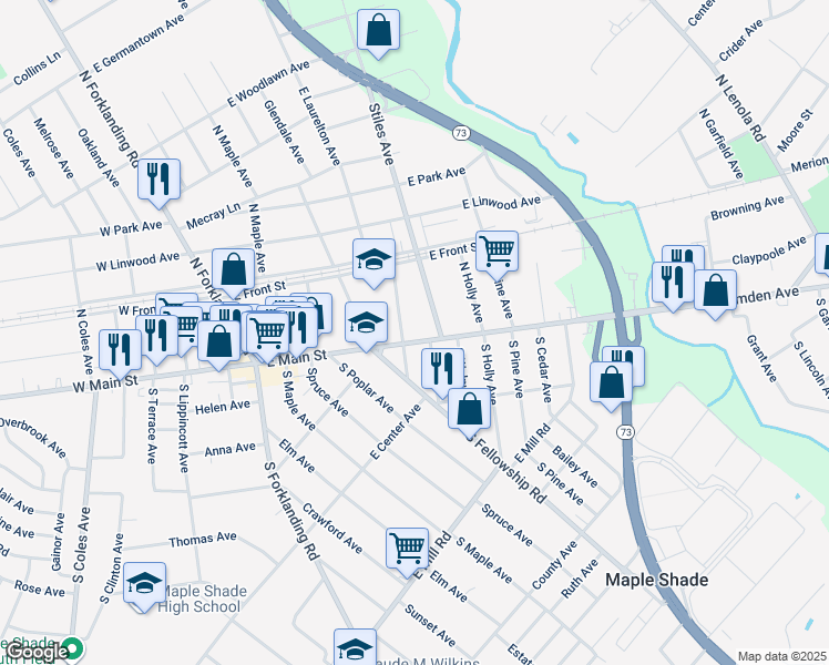 map of restaurants, bars, coffee shops, grocery stores, and more near 22 North Stiles Avenue in Maple Shade