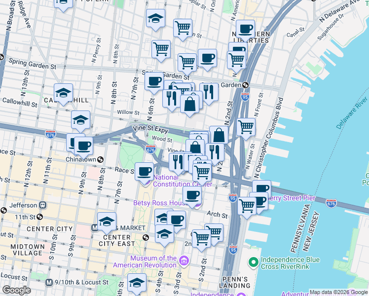 map of restaurants, bars, coffee shops, grocery stores, and more near 360 North 3rd Street in Philadelphia