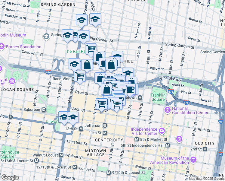 map of restaurants, bars, coffee shops, grocery stores, and more near 202 North Clifton Street in Philadelphia