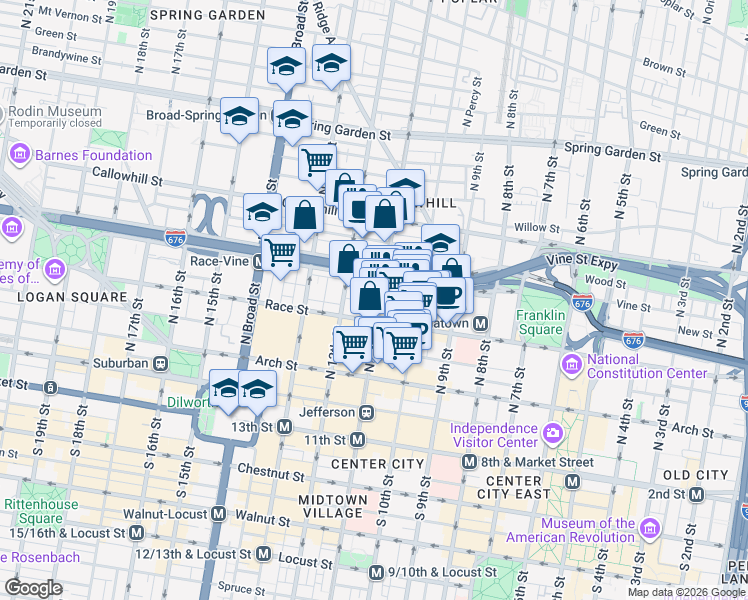 map of restaurants, bars, coffee shops, grocery stores, and more near 1102 Vine Street in Philadelphia