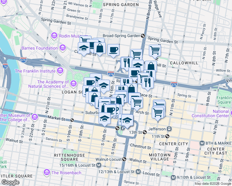 map of restaurants, bars, coffee shops, grocery stores, and more near 220 North Hicks Street in Philadelphia
