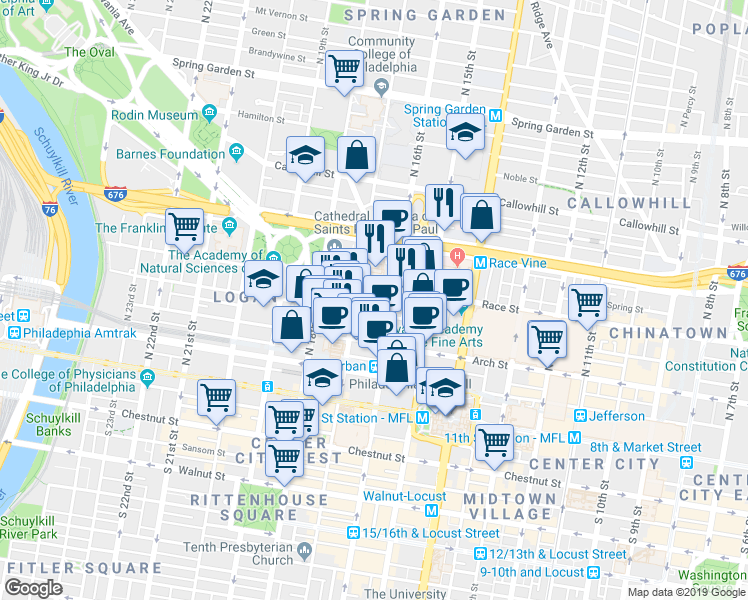 map of restaurants, bars, coffee shops, grocery stores, and more near 201 North 17th Street in Philadelphia