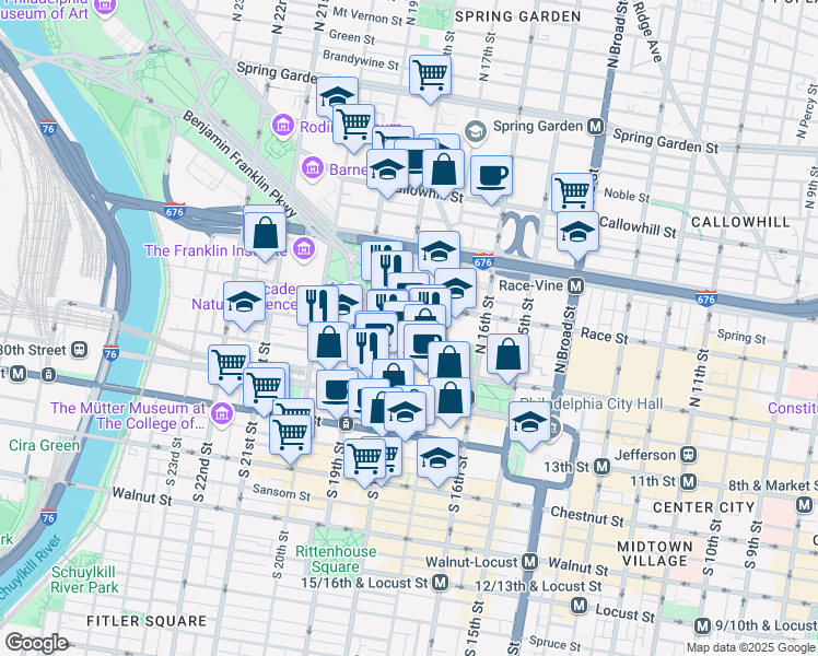 map of restaurants, bars, coffee shops, grocery stores, and more near 1840 Benjamin Franklin Parkway in Philadelphia