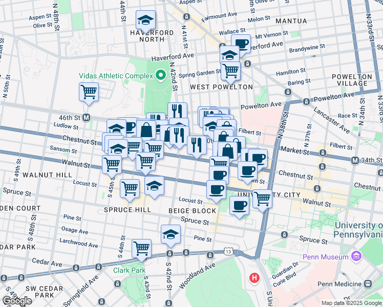 map of restaurants, bars, coffee shops, grocery stores, and more near 4141 Ludlow Street in Philadelphia