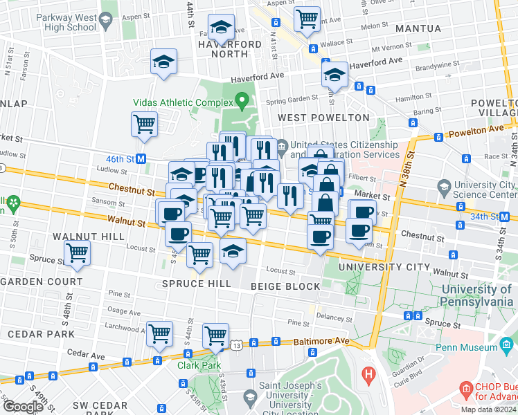 map of restaurants, bars, coffee shops, grocery stores, and more near in Philadelphia