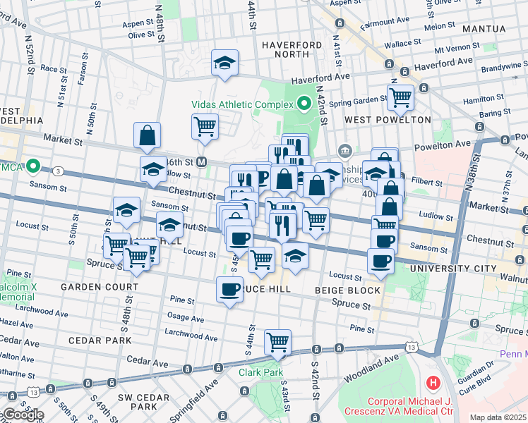 map of restaurants, bars, coffee shops, grocery stores, and more near 42 South 44th Street in Philadelphia