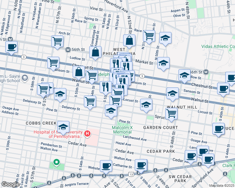 map of restaurants, bars, coffee shops, grocery stores, and more near 5228 Walnut Street in Philadelphia