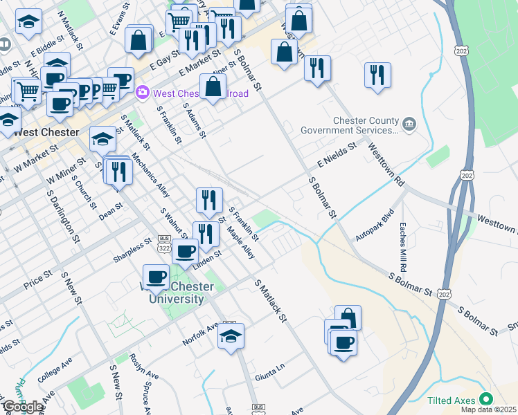 map of restaurants, bars, coffee shops, grocery stores, and more near 510 East Nields Street in West Chester