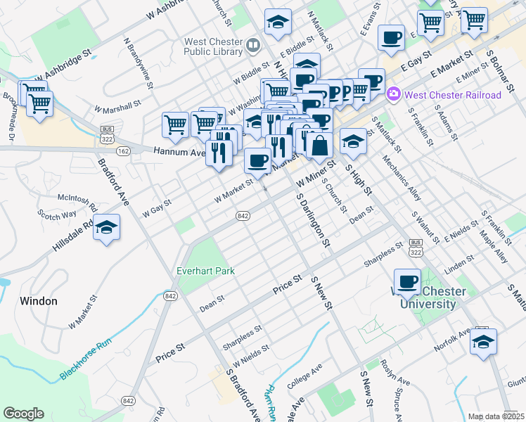 map of restaurants, bars, coffee shops, grocery stores, and more near 227 West Miner Street in West Chester