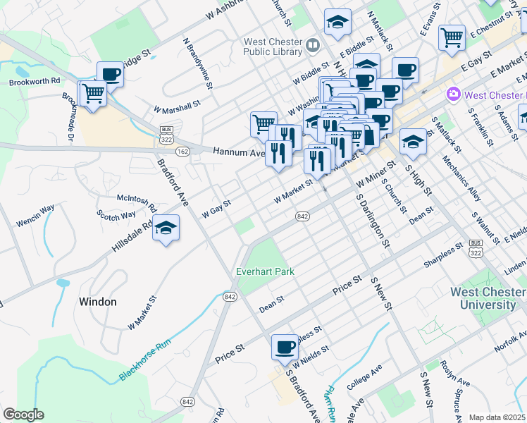 map of restaurants, bars, coffee shops, grocery stores, and more near 1 South Brandywine Street in West Chester