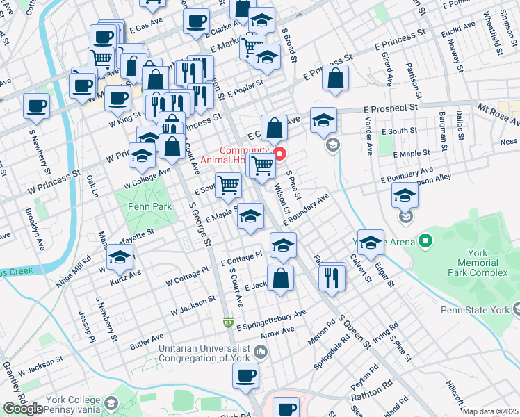 map of restaurants, bars, coffee shops, grocery stores, and more near 444 South Queen Street in York