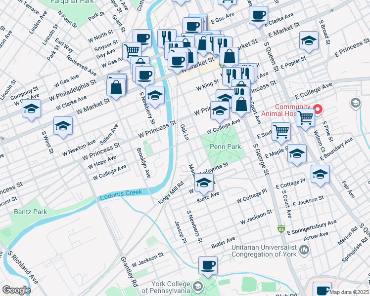 map of restaurants, bars, coffee shops, grocery stores, and more near 231 West College Avenue in York