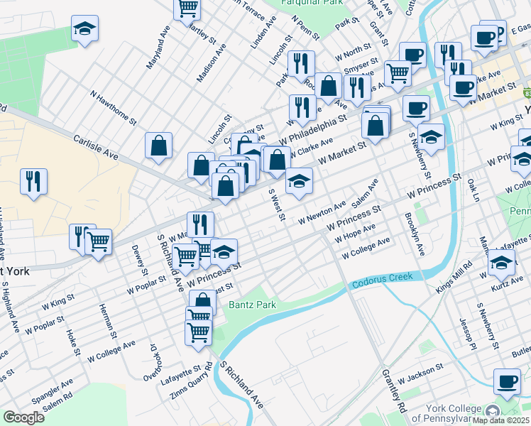 map of restaurants, bars, coffee shops, grocery stores, and more near 29 South West Street in York