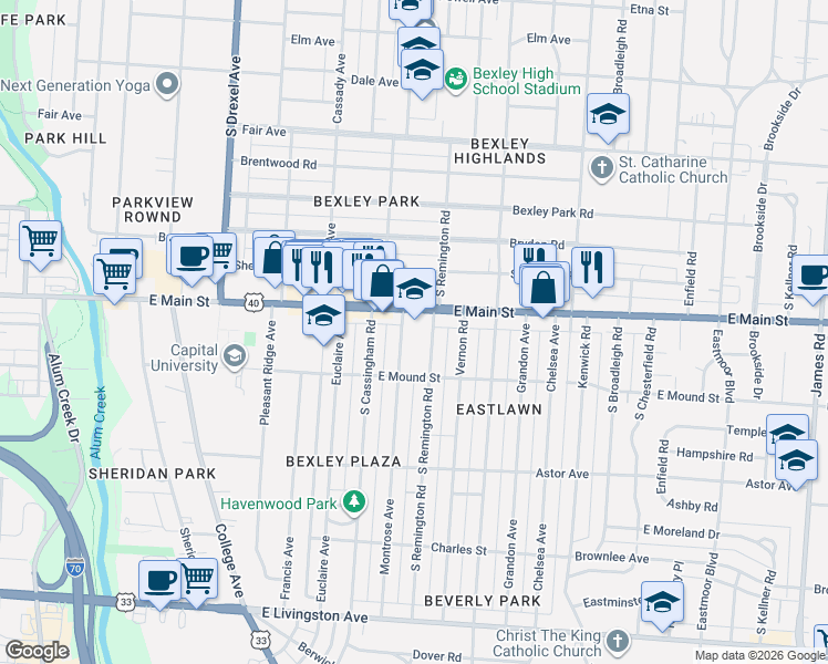 map of restaurants, bars, coffee shops, grocery stores, and more near in Bexley
