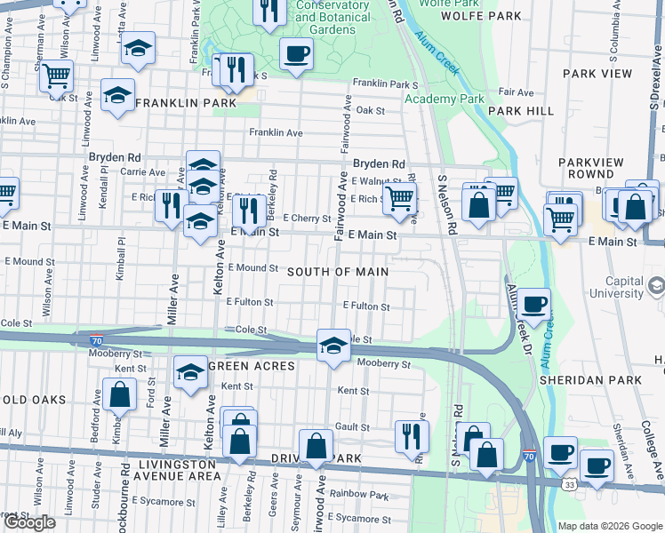 map of restaurants, bars, coffee shops, grocery stores, and more near 507 Fairwood Avenue in Columbus
