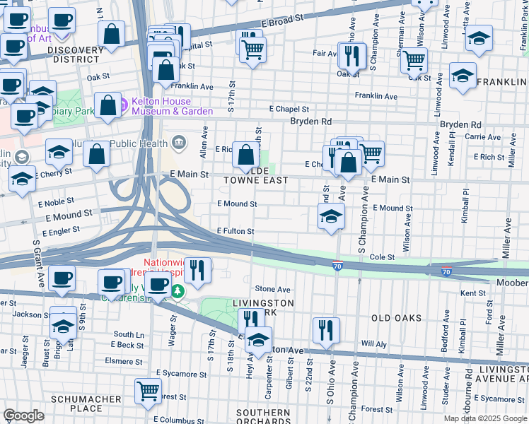 map of restaurants, bars, coffee shops, grocery stores, and more near 847 McAllister Avenue in Columbus