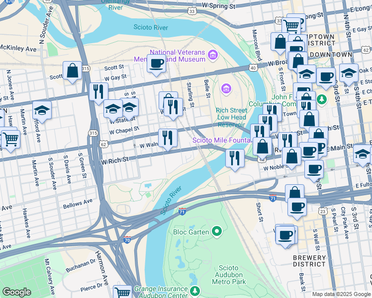 map of restaurants, bars, coffee shops, grocery stores, and more near 357 West Rich Street in Columbus
