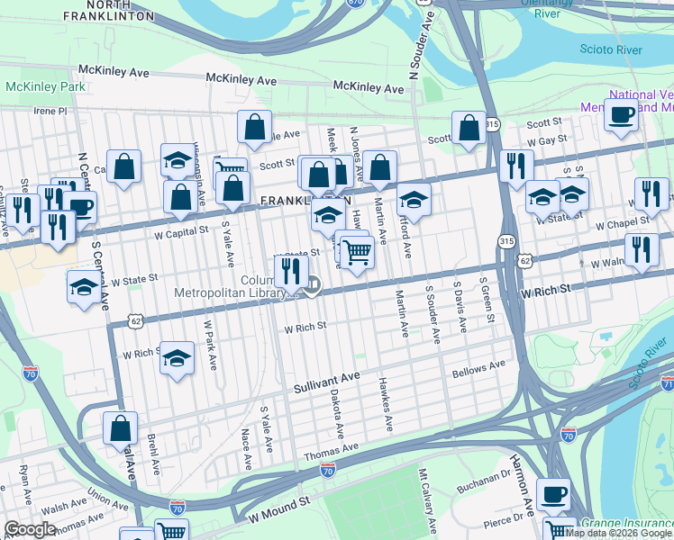 map of restaurants, bars, coffee shops, grocery stores, and more near 102 Avondale Avenue in Columbus