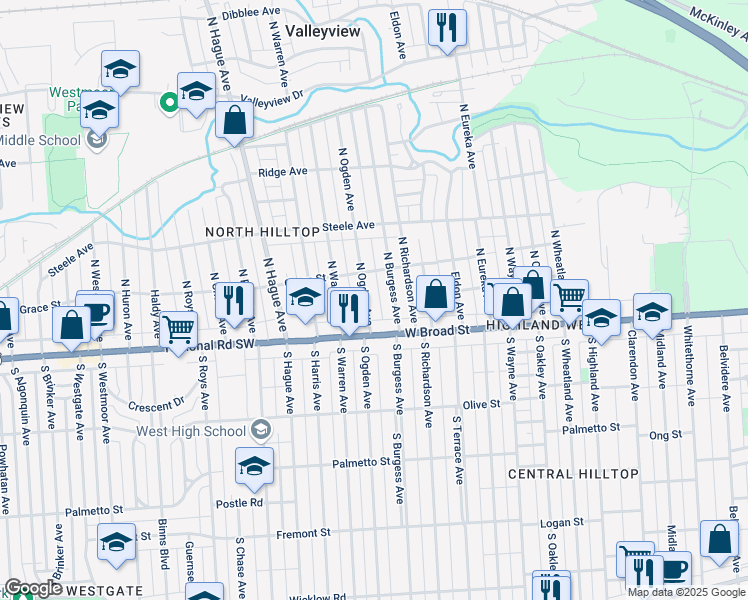 map of restaurants, bars, coffee shops, grocery stores, and more near 2599 Grace Street in Columbus