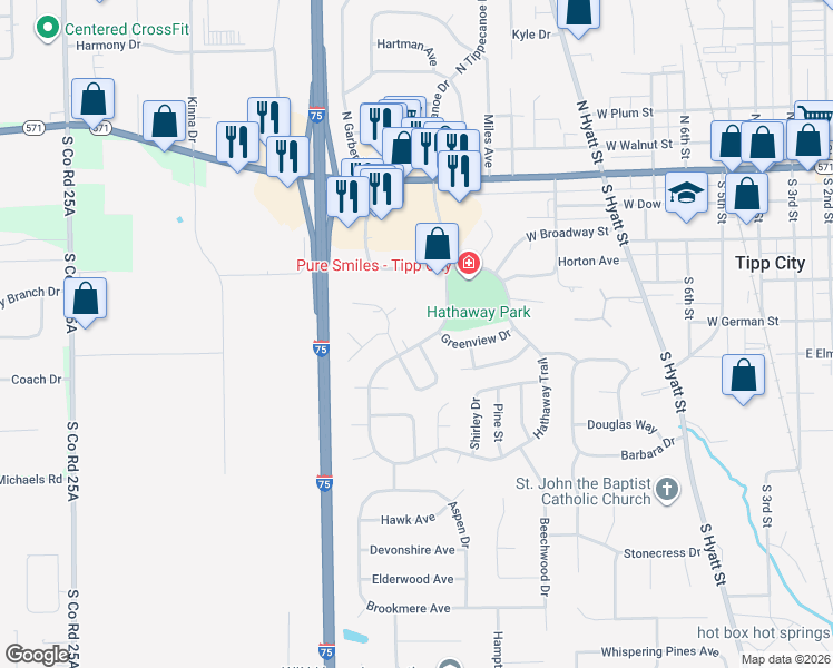 map of restaurants, bars, coffee shops, grocery stores, and more near 818 North Willow Glen Avenue in Tipp City