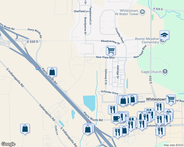 map of restaurants, bars, coffee shops, grocery stores, and more near 5775 Sunrise Way in Whitestown
