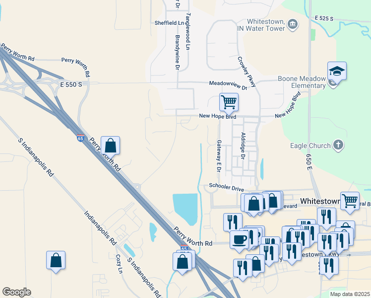 map of restaurants, bars, coffee shops, grocery stores, and more near 5775 Sunrise Way in Whitestown