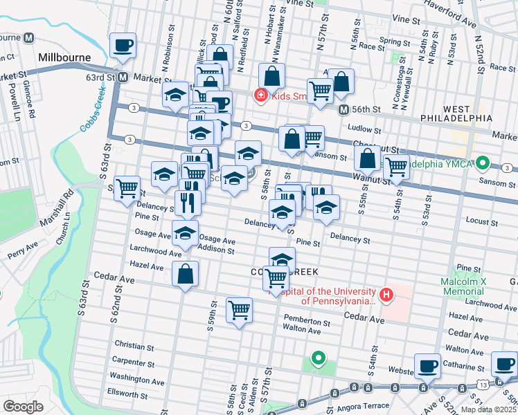map of restaurants, bars, coffee shops, grocery stores, and more near 5803 Spruce Street in Philadelphia