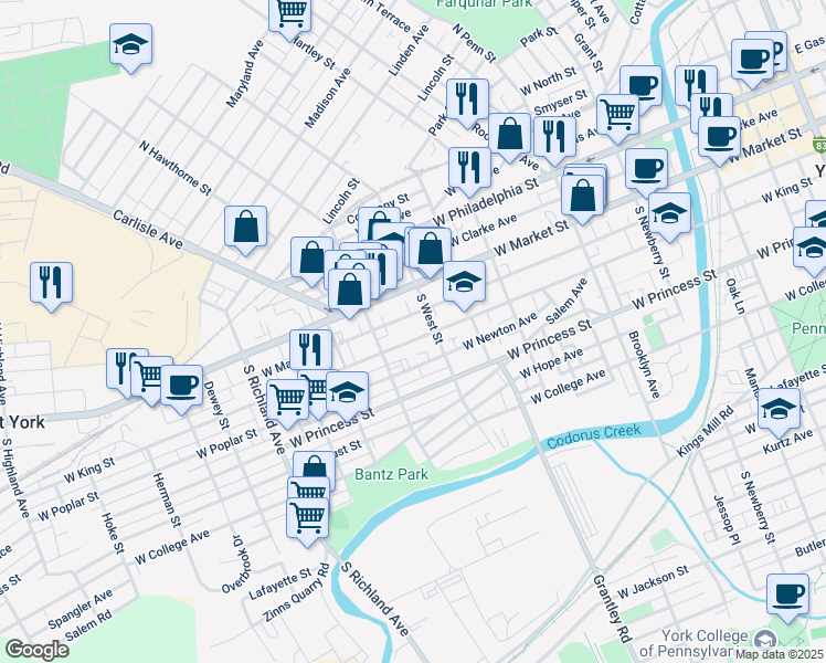 map of restaurants, bars, coffee shops, grocery stores, and more near 29 South West Street in York