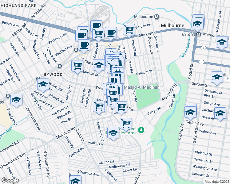 map of restaurants, bars, coffee shops, grocery stores, and more near 141 South 69th Street in Delaware County