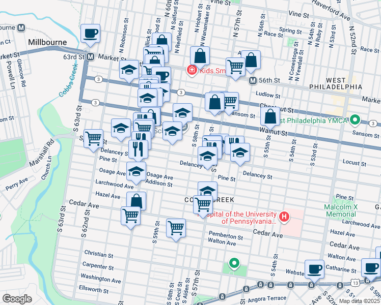 map of restaurants, bars, coffee shops, grocery stores, and more near 5803 Spruce Street in Philadelphia