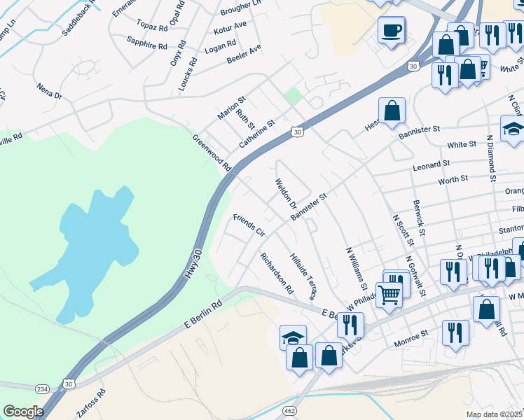 map of restaurants, bars, coffee shops, grocery stores, and more near 620 Greenwood Road in York