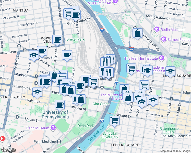 map of restaurants, bars, coffee shops, grocery stores, and more near 3001 John F Kennedy Boulevard in Philadelphia