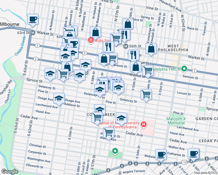 map of restaurants, bars, coffee shops, grocery stores, and more near 274 South Frazier Street in Philadelphia