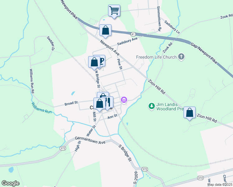 map of restaurants, bars, coffee shops, grocery stores, and more near 24 Green Street in Christiana