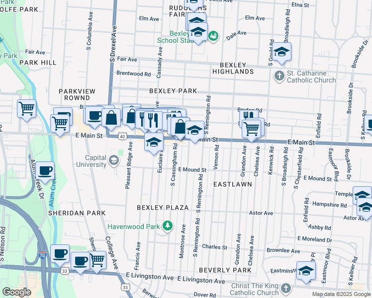 map of restaurants, bars, coffee shops, grocery stores, and more near 647 Montrose Avenue in Columbus