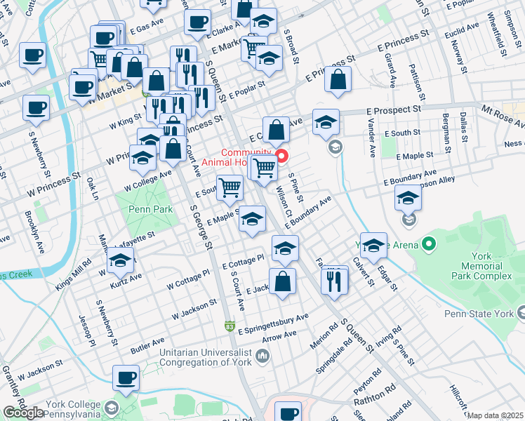 map of restaurants, bars, coffee shops, grocery stores, and more near 444 South Queen Street in York