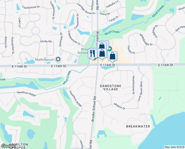 map of restaurants, bars, coffee shops, grocery stores, and more near 11595 Brooks School Road in Fishers