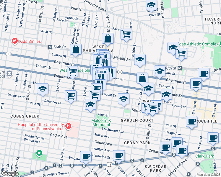 map of restaurants, bars, coffee shops, grocery stores, and more near 5105 Chancellor Street in Philadelphia