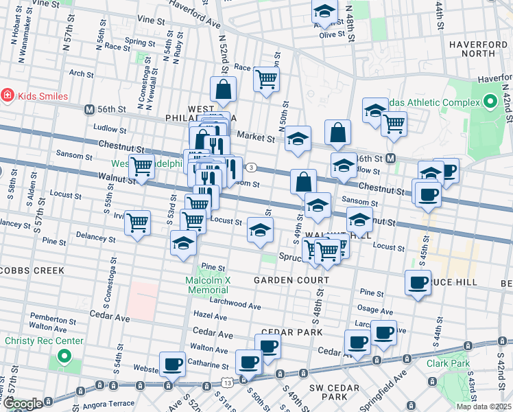 map of restaurants, bars, coffee shops, grocery stores, and more near 5022 Walnut Street in Philadelphia