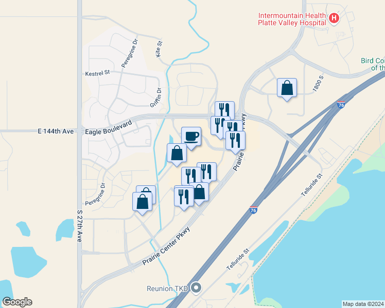 map of restaurants, bars, coffee shops, grocery stores, and more near 2171 Prairie Center Parkway in Brighton