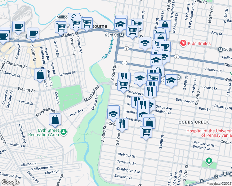map of restaurants, bars, coffee shops, grocery stores, and more near 6243 Pine Street in Philadelphia