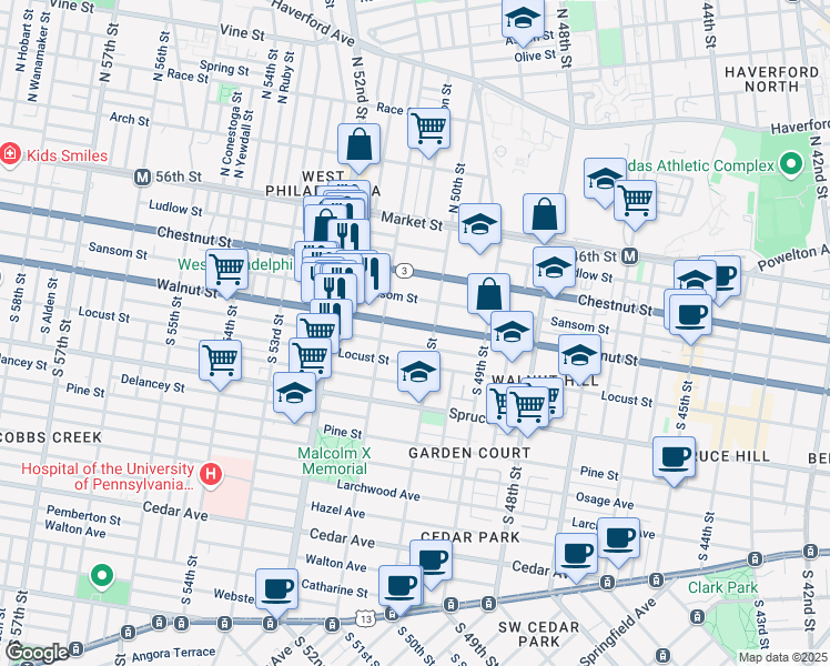 map of restaurants, bars, coffee shops, grocery stores, and more near 5020 Walnut Street in Philadelphia