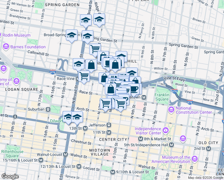 map of restaurants, bars, coffee shops, grocery stores, and more near 1102 Vine Street in Philadelphia