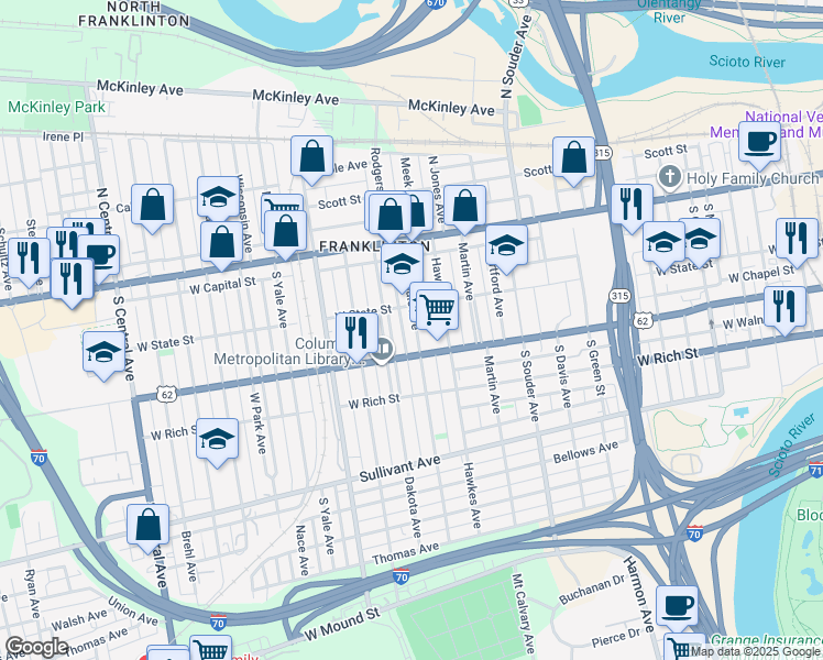 map of restaurants, bars, coffee shops, grocery stores, and more near 102 Avondale Avenue in Columbus