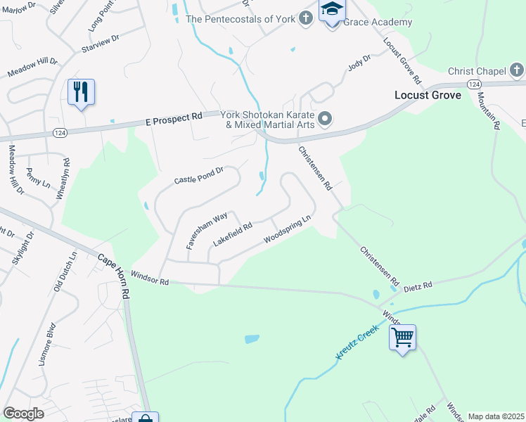 map of restaurants, bars, coffee shops, grocery stores, and more near 2044 Faversham Way in York