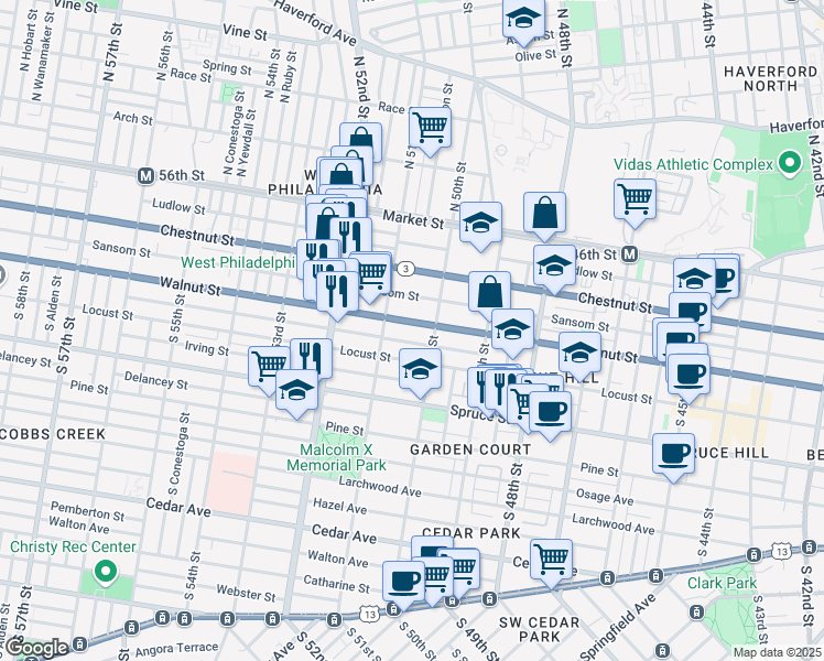 map of restaurants, bars, coffee shops, grocery stores, and more near 5024 Walnut Street in Philadelphia