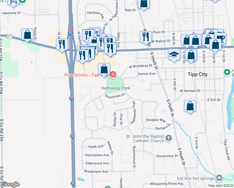 map of restaurants, bars, coffee shops, grocery stores, and more near 421 Hathaway Trail in Tipp City