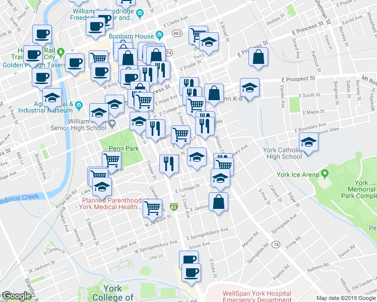 map of restaurants, bars, coffee shops, grocery stores, and more near 115 East Maple Street in York